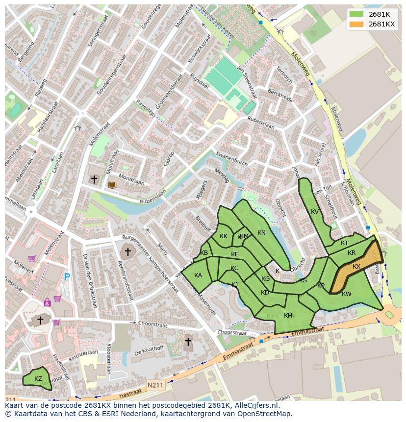 Afbeelding van het postcodegebied 2681 KX op de kaart.