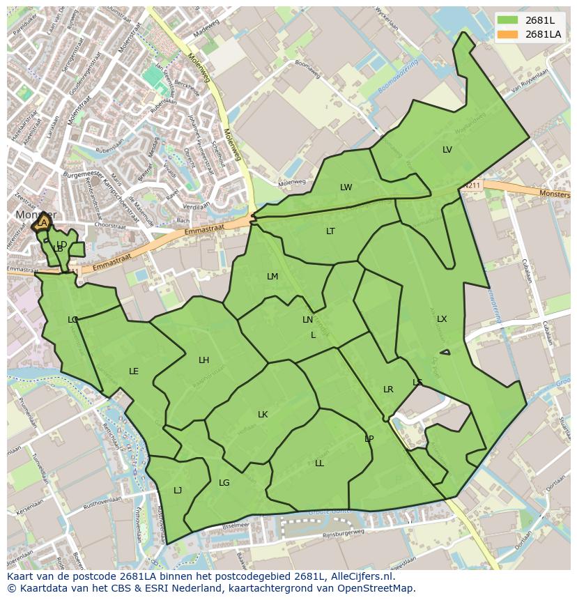 Afbeelding van het postcodegebied 2681 LA op de kaart.
