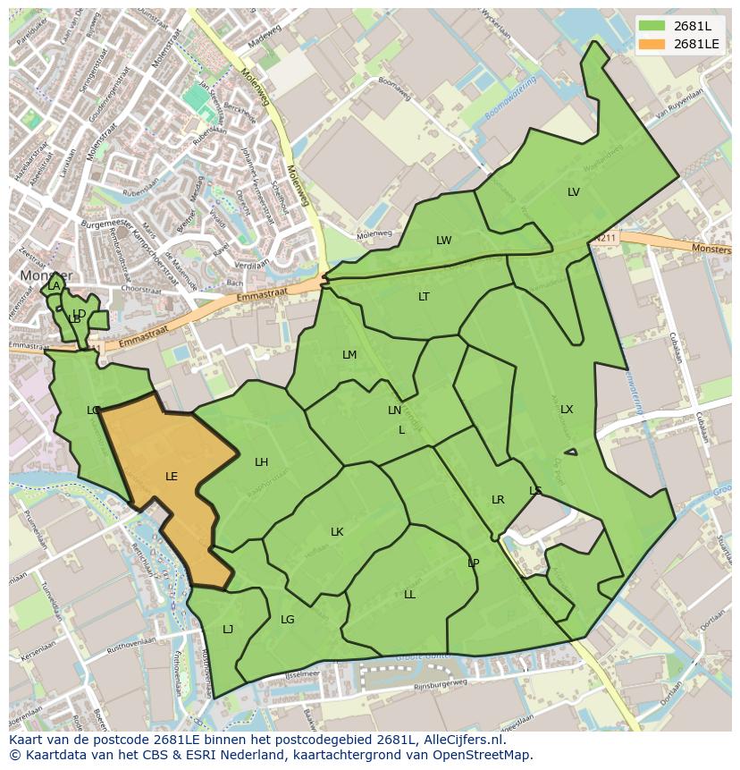 Afbeelding van het postcodegebied 2681 LE op de kaart.