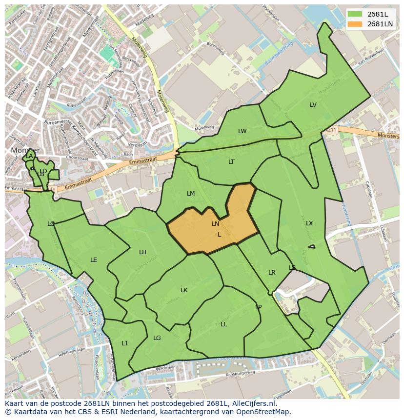 Afbeelding van het postcodegebied 2681 LN op de kaart.