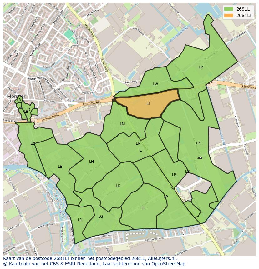 Afbeelding van het postcodegebied 2681 LT op de kaart.