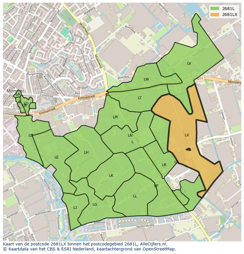 Afbeelding van het postcodegebied 2681 LX op de kaart.
