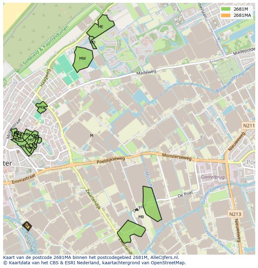 Afbeelding van het postcodegebied 2681 MA op de kaart.