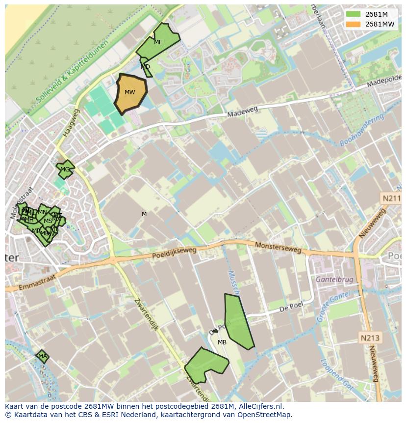 Afbeelding van het postcodegebied 2681 MW op de kaart.