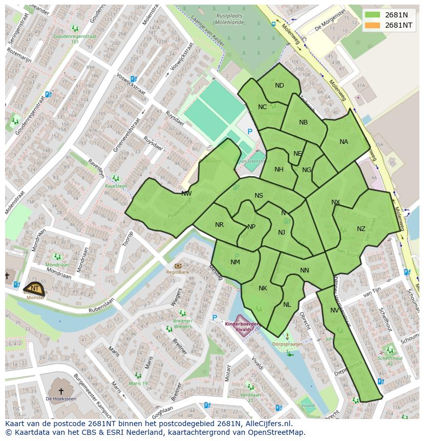 Afbeelding van het postcodegebied 2681 NT op de kaart.