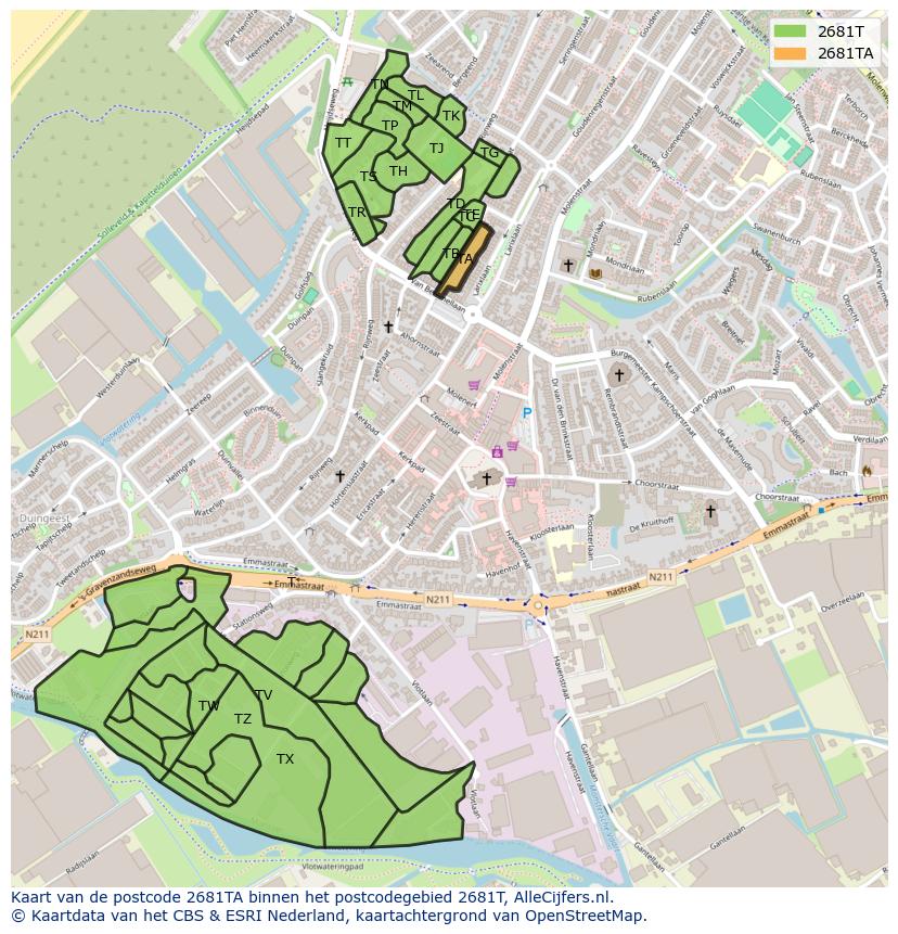 Afbeelding van het postcodegebied 2681 TA op de kaart.