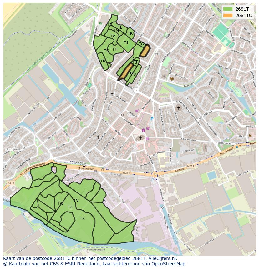 Afbeelding van het postcodegebied 2681 TC op de kaart.