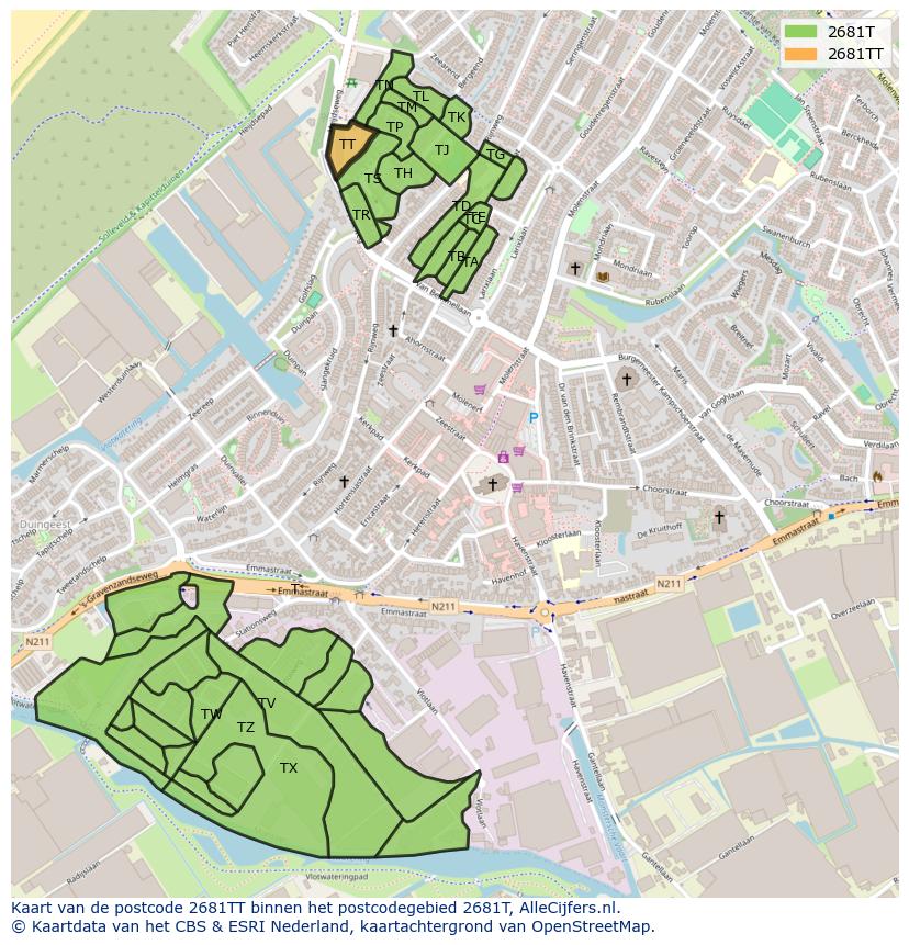 Afbeelding van het postcodegebied 2681 TT op de kaart.