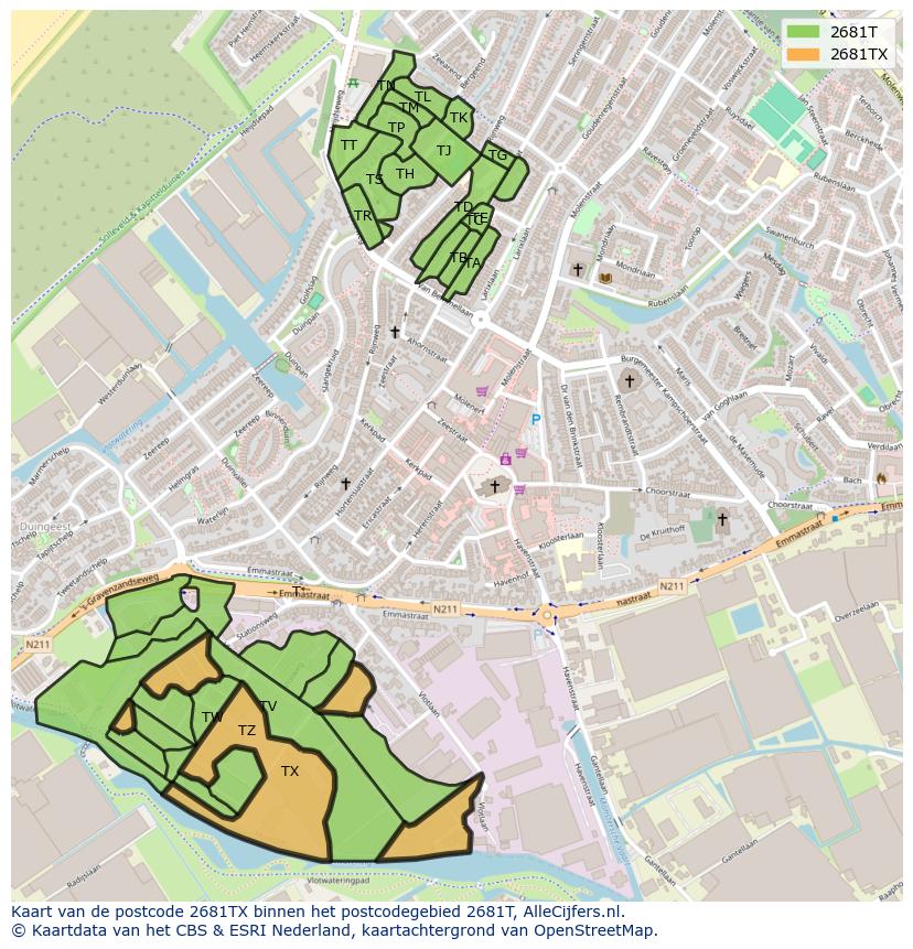 Afbeelding van het postcodegebied 2681 TX op de kaart.