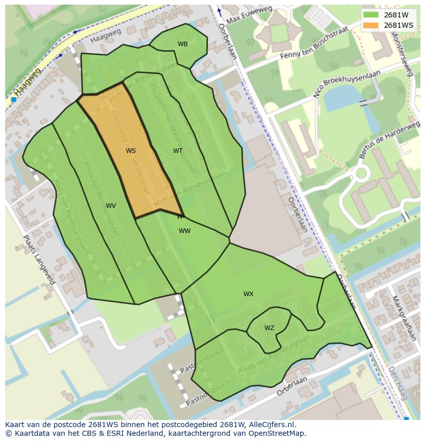 Afbeelding van het postcodegebied 2681 WS op de kaart.