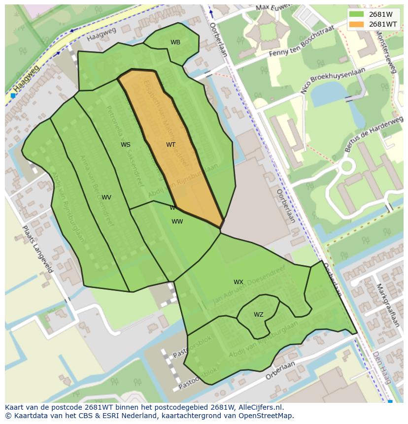 Afbeelding van het postcodegebied 2681 WT op de kaart.