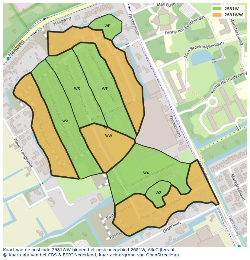 Afbeelding van het postcodegebied 2681 WW op de kaart.