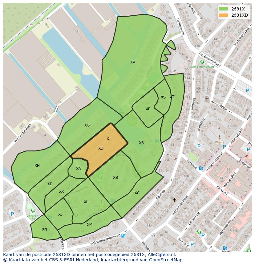 Afbeelding van het postcodegebied 2681 XD op de kaart.