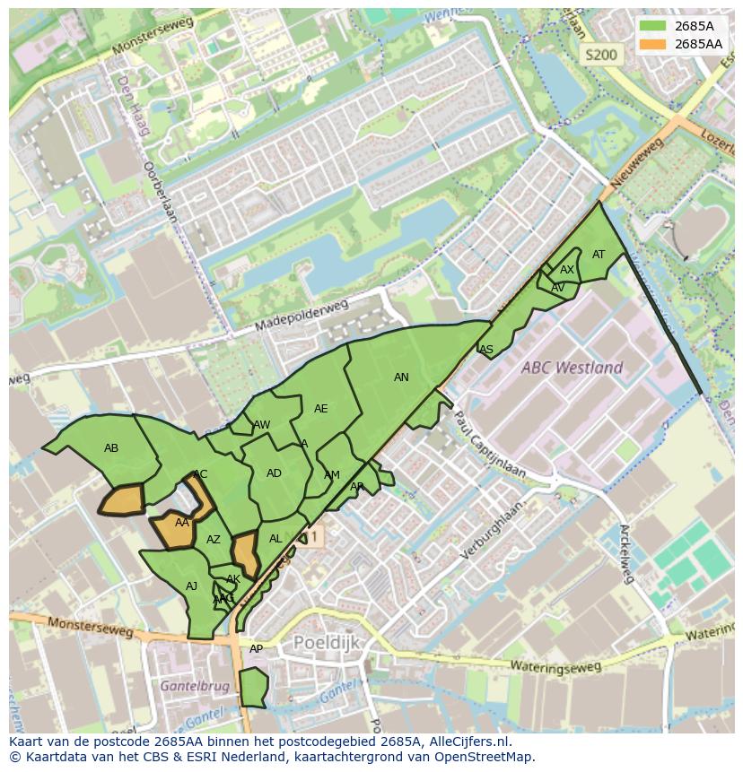 Afbeelding van het postcodegebied 2685 AA op de kaart.