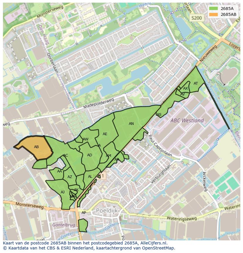 Afbeelding van het postcodegebied 2685 AB op de kaart.