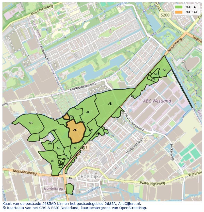 Afbeelding van het postcodegebied 2685 AD op de kaart.