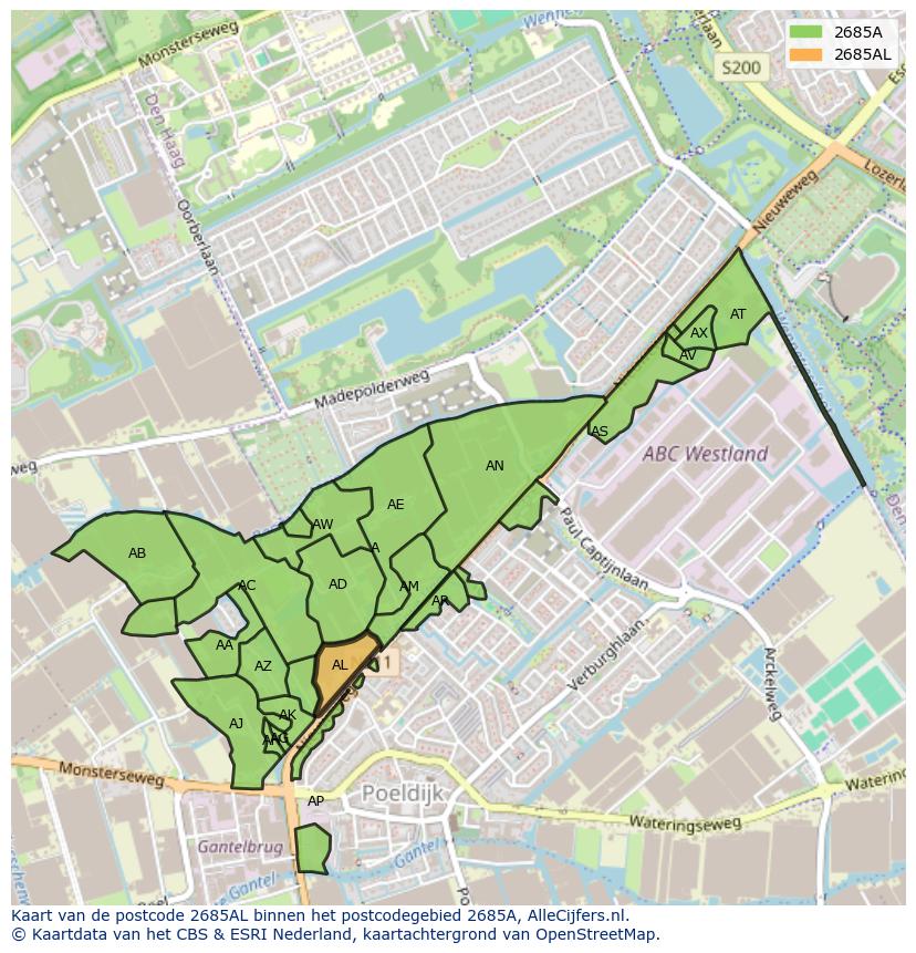 Afbeelding van het postcodegebied 2685 AL op de kaart.