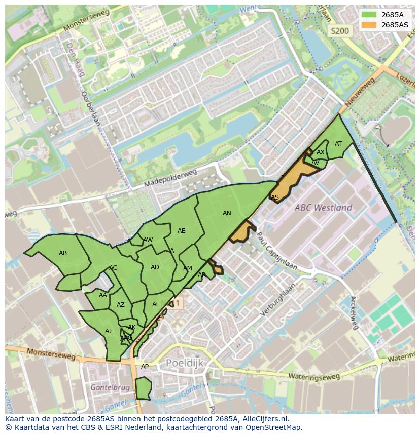 Afbeelding van het postcodegebied 2685 AS op de kaart.