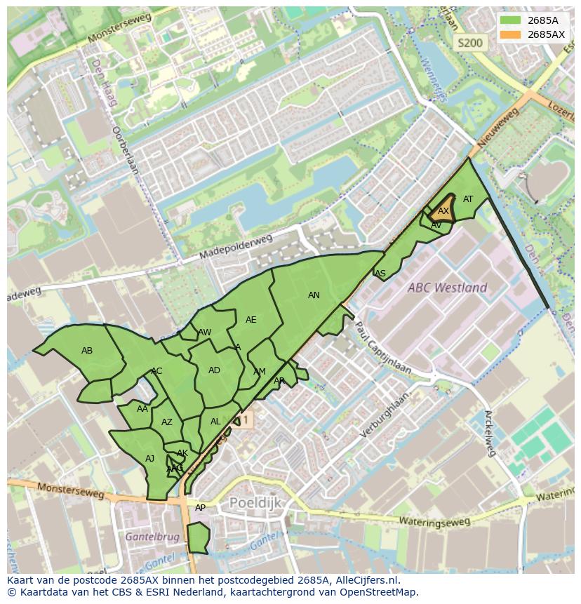 Afbeelding van het postcodegebied 2685 AX op de kaart.