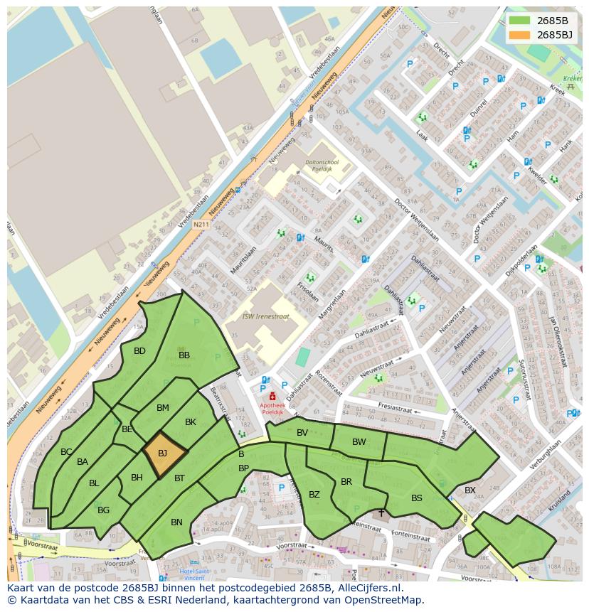 Afbeelding van het postcodegebied 2685 BJ op de kaart.