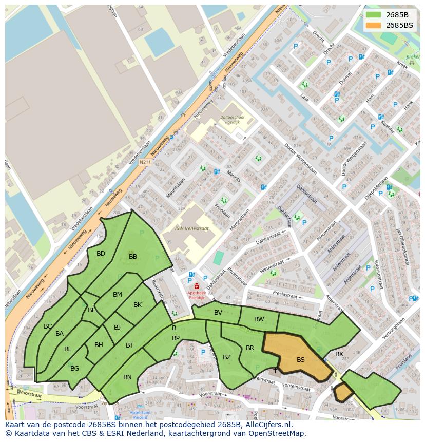 Afbeelding van het postcodegebied 2685 BS op de kaart.