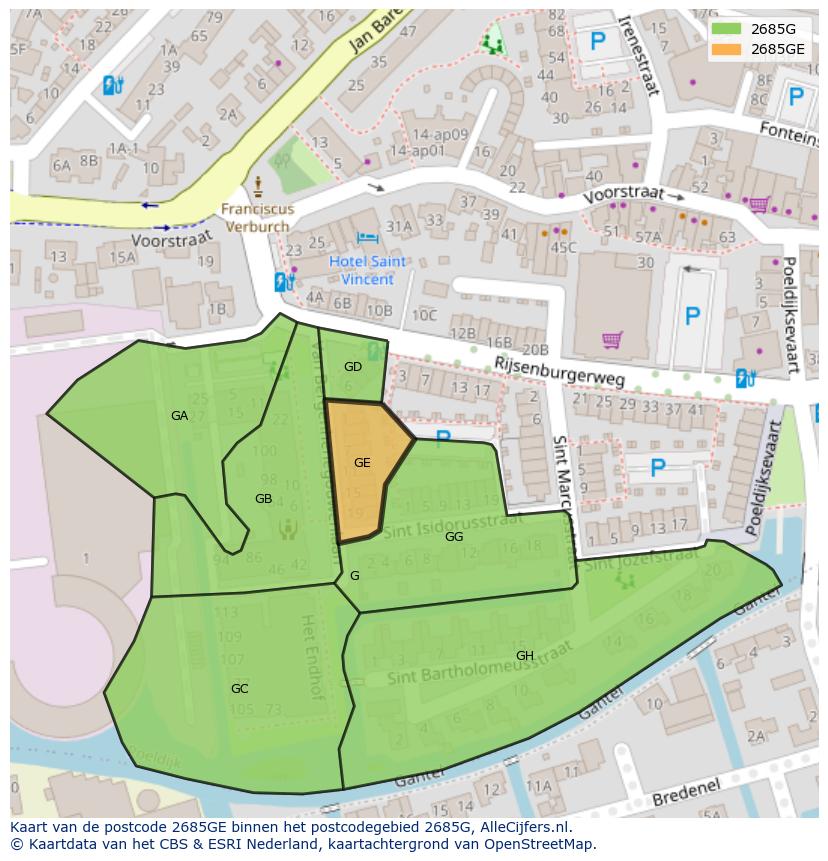 Afbeelding van het postcodegebied 2685 GE op de kaart.