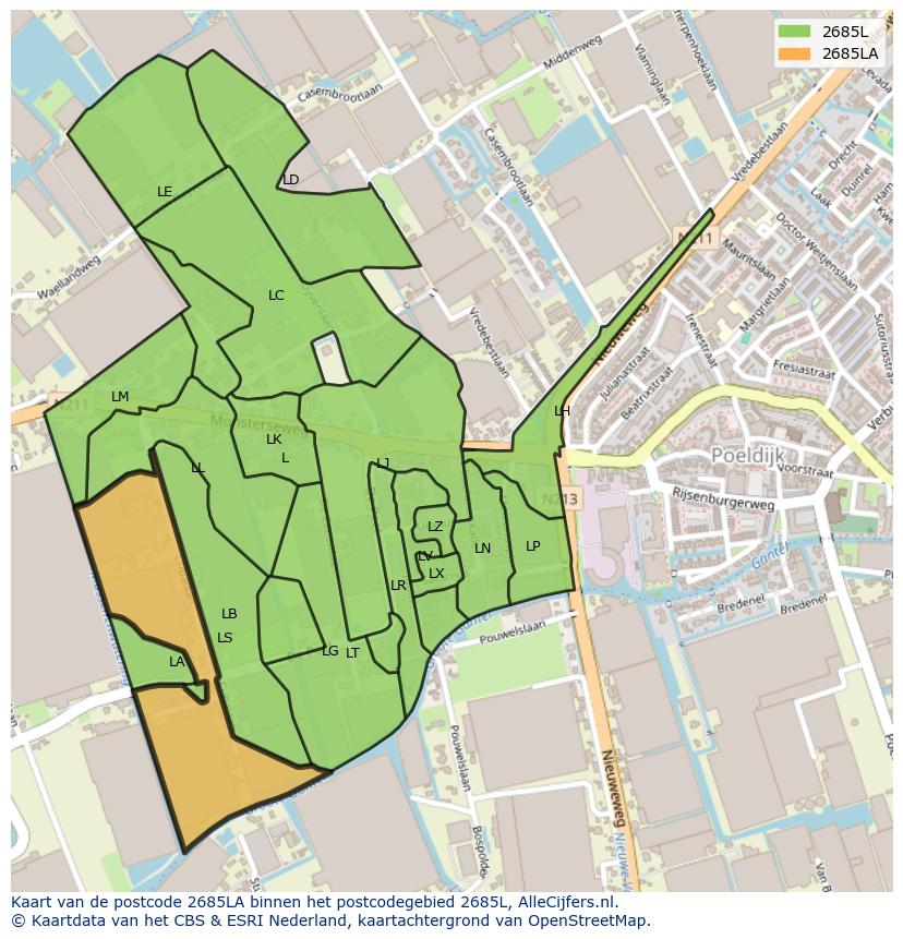 Afbeelding van het postcodegebied 2685 LA op de kaart.