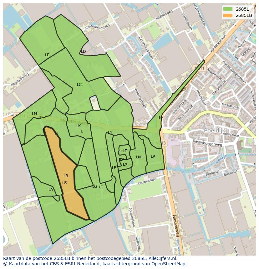 Afbeelding van het postcodegebied 2685 LB op de kaart.