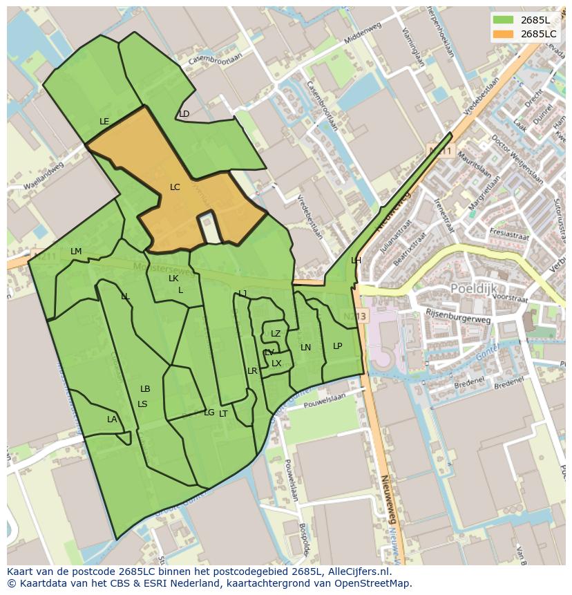 Afbeelding van het postcodegebied 2685 LC op de kaart.