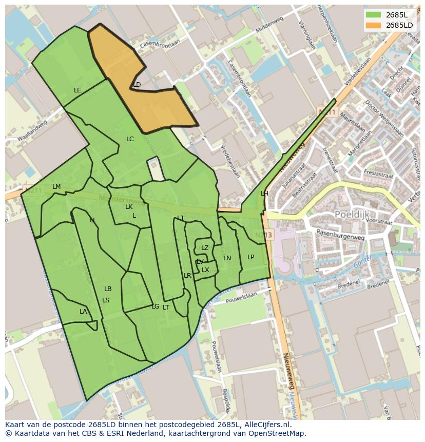 Afbeelding van het postcodegebied 2685 LD op de kaart.