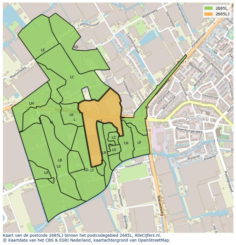 Afbeelding van het postcodegebied 2685 LJ op de kaart.