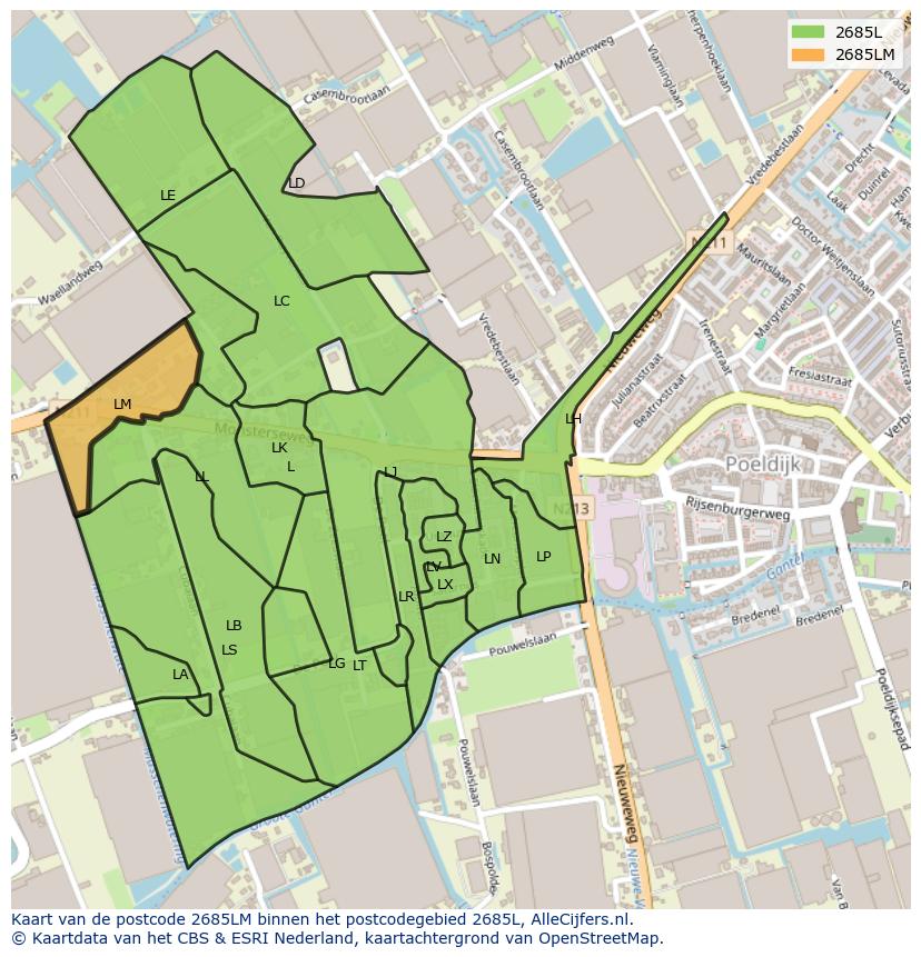 Afbeelding van het postcodegebied 2685 LM op de kaart.