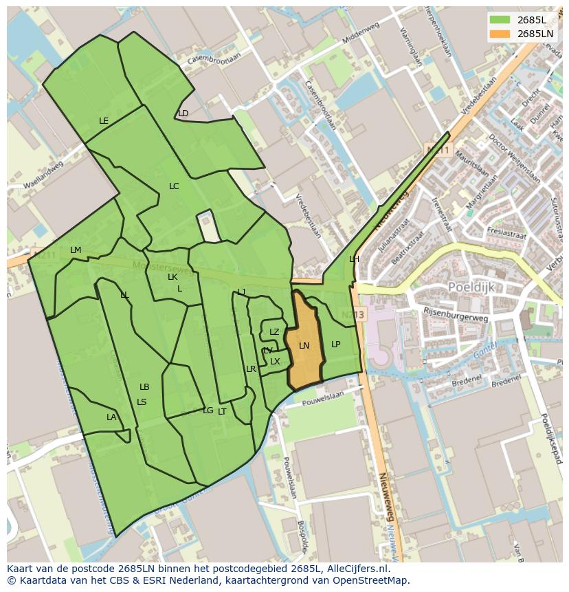 Afbeelding van het postcodegebied 2685 LN op de kaart.