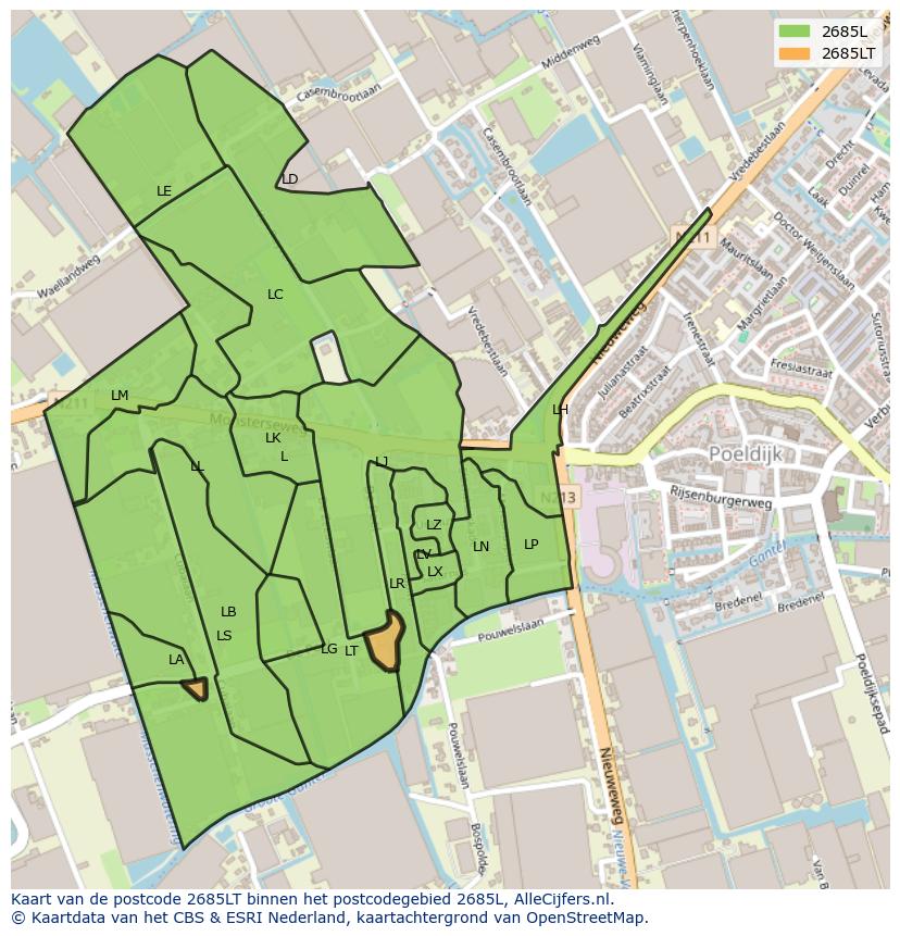 Afbeelding van het postcodegebied 2685 LT op de kaart.