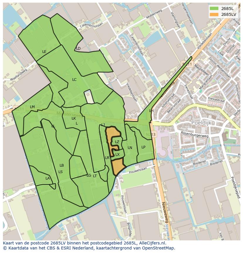 Afbeelding van het postcodegebied 2685 LV op de kaart.