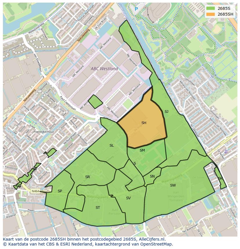 Afbeelding van het postcodegebied 2685 SH op de kaart.