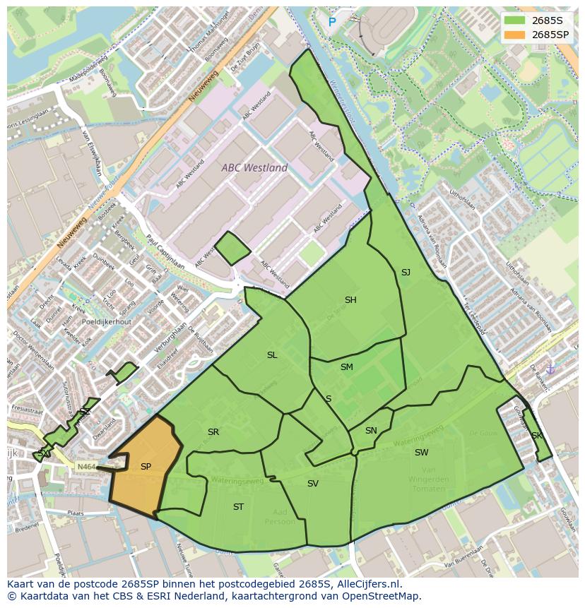 Afbeelding van het postcodegebied 2685 SP op de kaart.