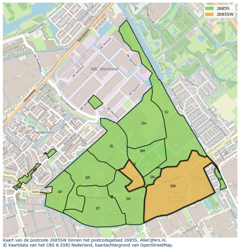 Afbeelding van het postcodegebied 2685 SW op de kaart.