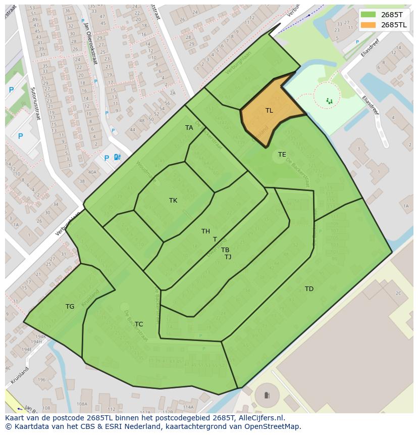 Afbeelding van het postcodegebied 2685 TL op de kaart.