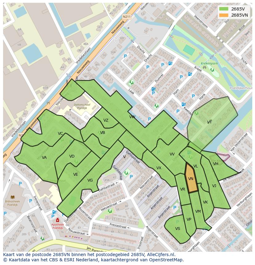 Afbeelding van het postcodegebied 2685 VN op de kaart.