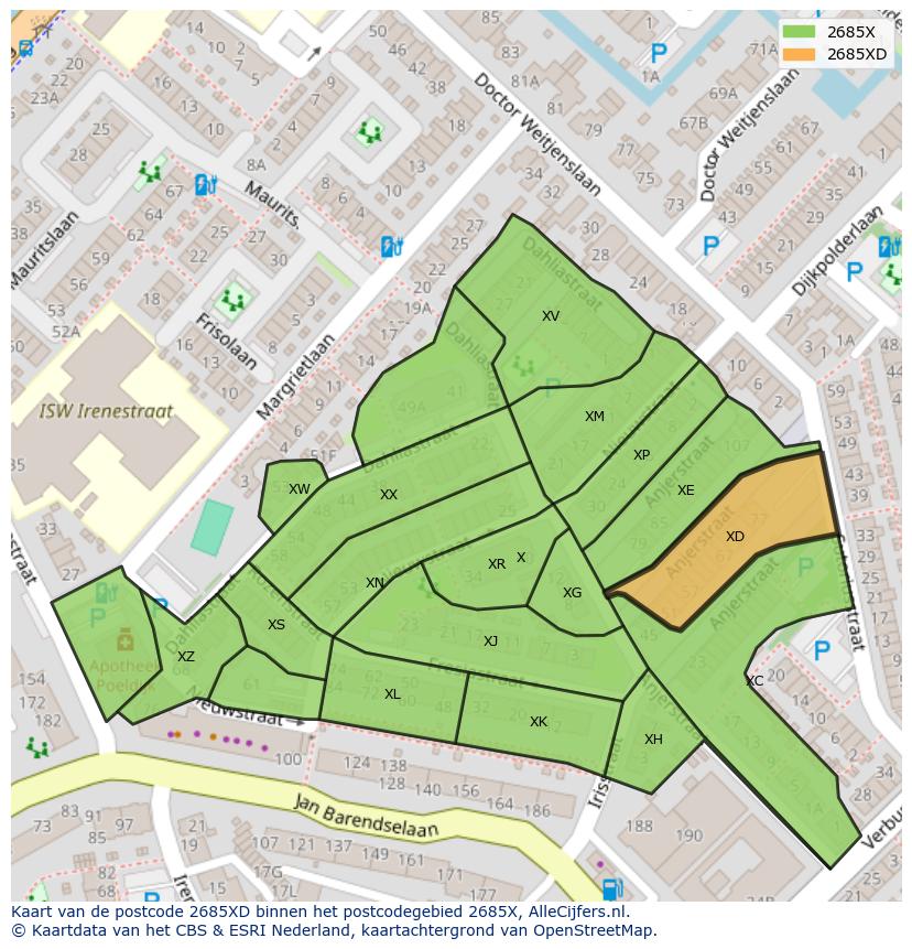 Afbeelding van het postcodegebied 2685 XD op de kaart.