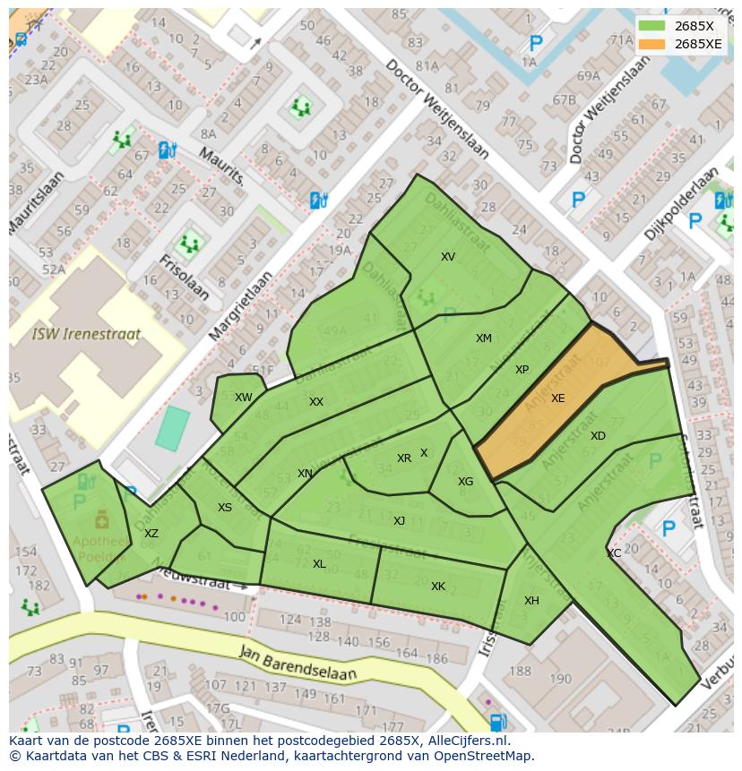 Afbeelding van het postcodegebied 2685 XE op de kaart.