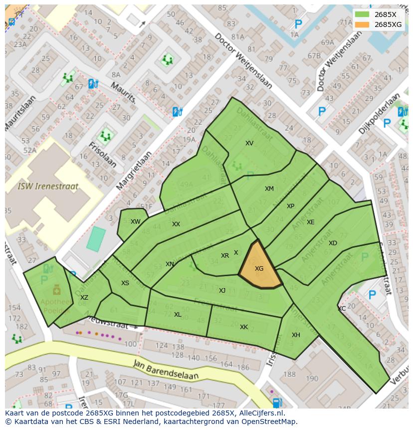 Afbeelding van het postcodegebied 2685 XG op de kaart.