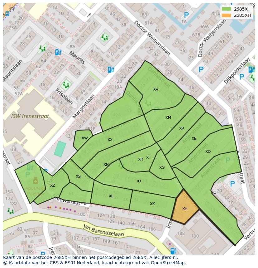 Afbeelding van het postcodegebied 2685 XH op de kaart.