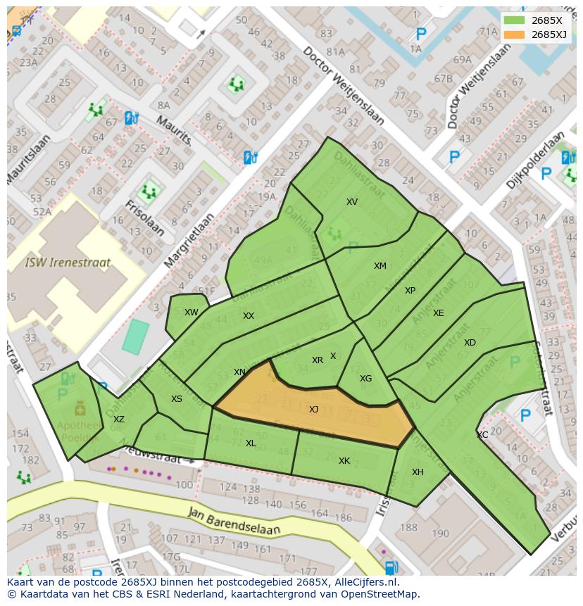 Afbeelding van het postcodegebied 2685 XJ op de kaart.