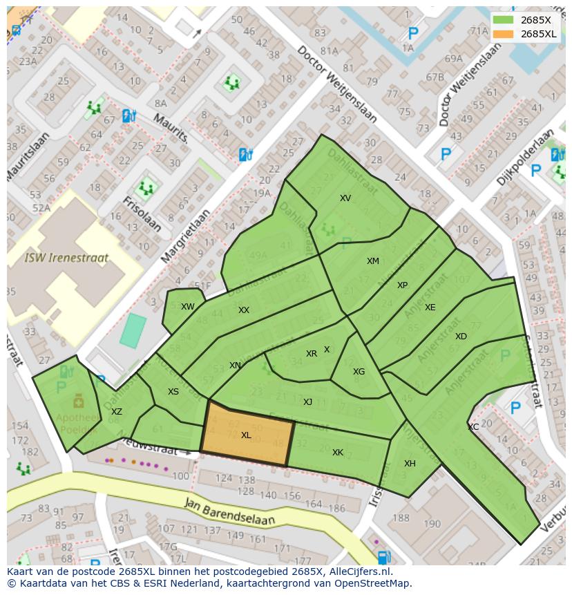 Afbeelding van het postcodegebied 2685 XL op de kaart.