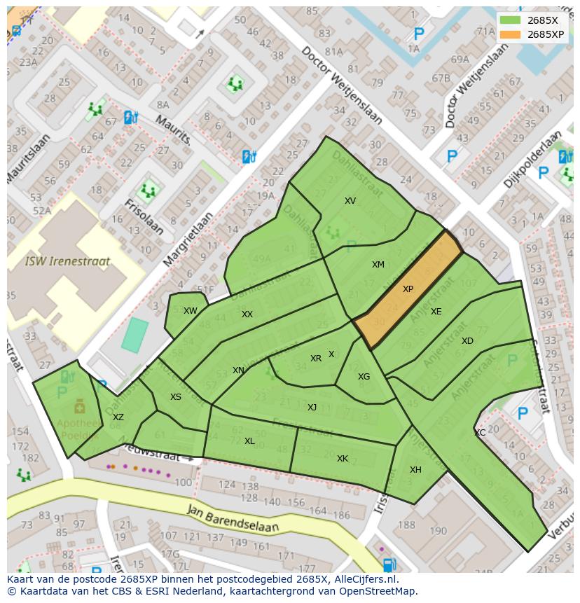 Afbeelding van het postcodegebied 2685 XP op de kaart.
