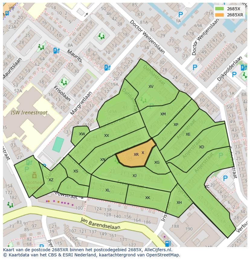 Afbeelding van het postcodegebied 2685 XR op de kaart.