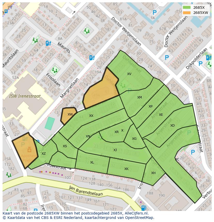 Afbeelding van het postcodegebied 2685 XW op de kaart.