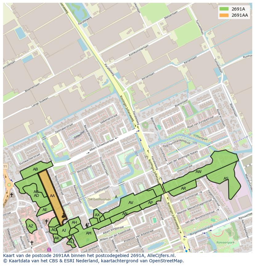 Afbeelding van het postcodegebied 2691 AA op de kaart.